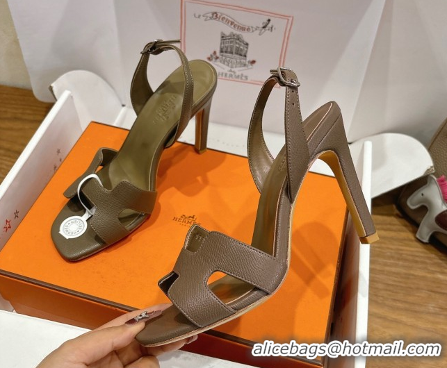 Discount Hermes Eremite Heel Sandals 10cm in Grained Leather Elephant Grey H02275 1023147