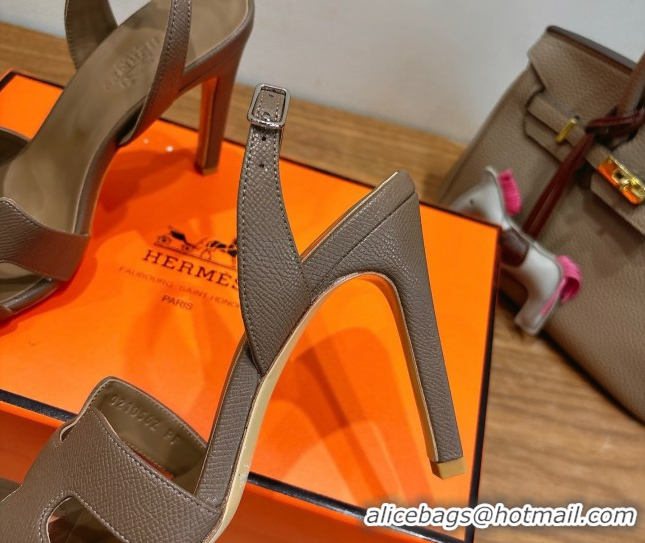 Discount Hermes Eremite Heel Sandals 10cm in Grained Leather Elephant Grey H02275 1023147