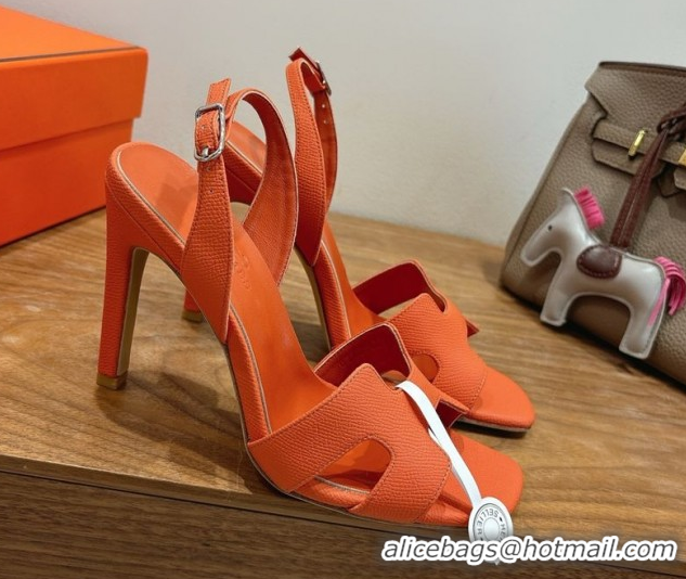 Shop Duplicate Hermes Eremite Heel Sandals 10cm in Grained Leather Orange2 H02275 1023149
