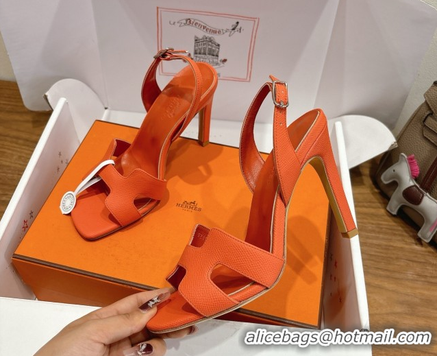 Shop Duplicate Hermes Eremite Heel Sandals 10cm in Grained Leather Orange2 H02275 1023149