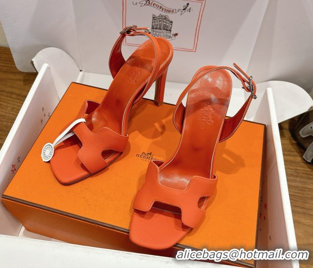 Shop Duplicate Hermes Eremite Heel Sandals 10cm in Grained Leather Orange2 H02275 1023149