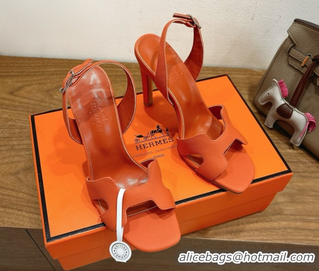 Shop Duplicate Hermes Eremite Heel Sandals 10cm in Grained Leather Orange2 H02275 1023149