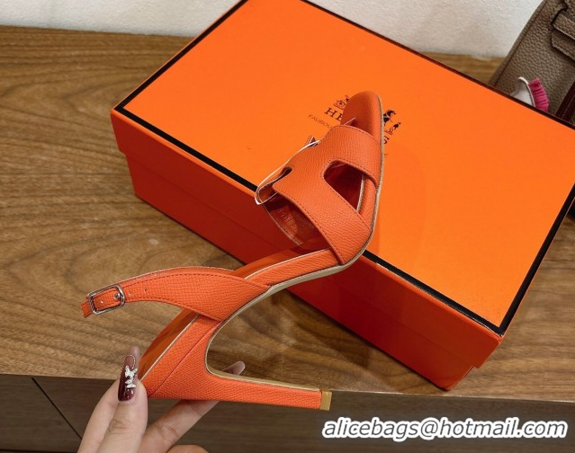 Shop Duplicate Hermes Eremite Heel Sandals 10cm in Grained Leather Orange2 H02275 1023149