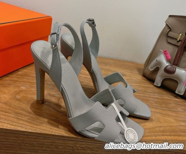 Top Design Hermes Eremite Heel Sandals 10cm in Grained Leather Light Grey H02275 1023150