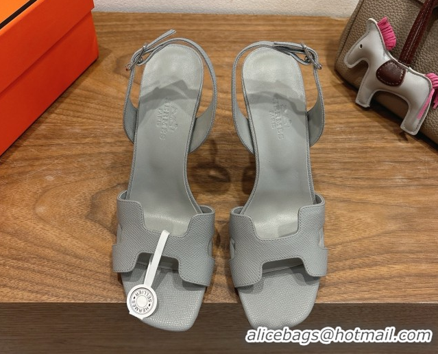 Top Design Hermes Eremite Heel Sandals 10cm in Grained Leather Light Grey H02275 1023150