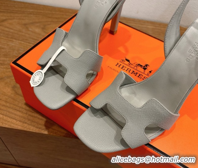 Top Design Hermes Eremite Heel Sandals 10cm in Grained Leather Light Grey H02275 1023150
