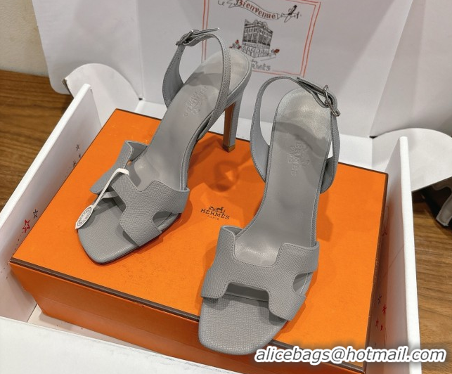 Top Design Hermes Eremite Heel Sandals 10cm in Grained Leather Light Grey H02275 1023150