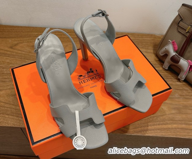 Top Design Hermes Eremite Heel Sandals 10cm in Grained Leather Light Grey H02275 1023150