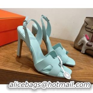 Charming Hermes Eremite Heel Sandals 10cm in Grained Leather Light Blue H02275 1023154