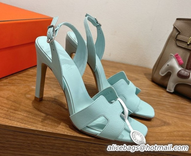 Charming Hermes Eremite Heel Sandals 10cm in Grained Leather Light Blue H02275 1023154