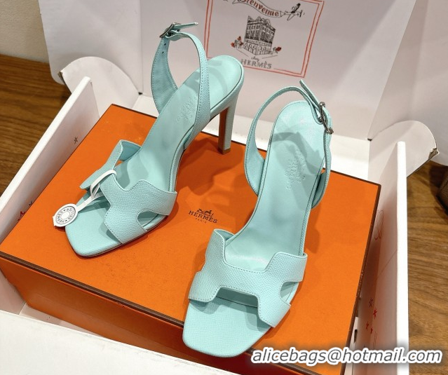 Charming Hermes Eremite Heel Sandals 10cm in Grained Leather Light Blue H02275 1023154