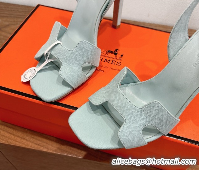 Charming Hermes Eremite Heel Sandals 10cm in Grained Leather Light Blue H02275 1023154