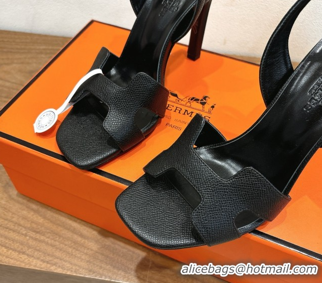 Stylish Hermes Eremite Heel Sandals 10cm in Grained Leather Black H02275 1023157