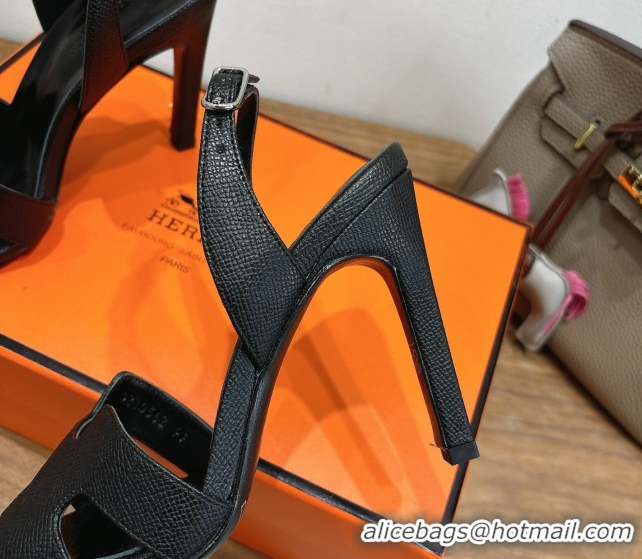 Stylish Hermes Eremite Heel Sandals 10cm in Grained Leather Black H02275 1023157