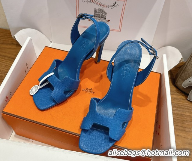 Unique Style Hermes Eremite Heel Sandals 10cm in Grained Leather Blue2 H02275 1023159
