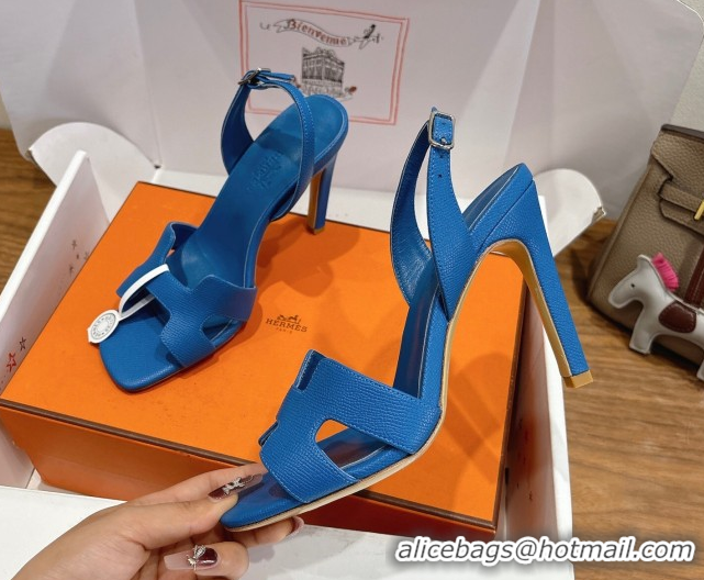 Unique Style Hermes Eremite Heel Sandals 10cm in Grained Leather Blue2 H02275 1023159