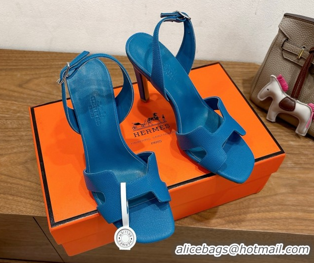 Unique Style Hermes Eremite Heel Sandals 10cm in Grained Leather Blue2 H02275 1023159