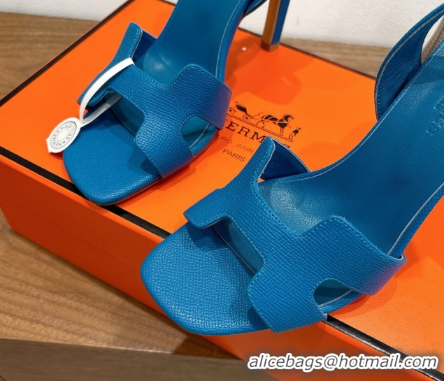 Unique Style Hermes Eremite Heel Sandals 10cm in Grained Leather Blue2 H02275 1023159