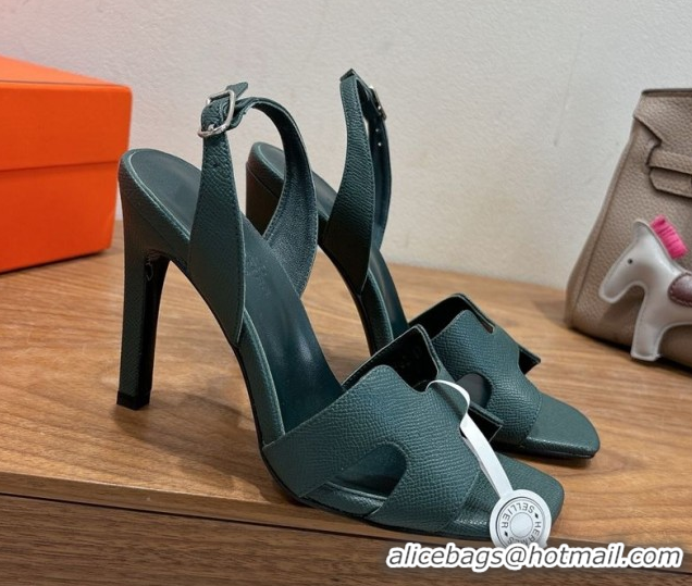 Top Design Hermes Eremite Heel Sandals 10cm in Grained Leather Dark Green H02275 1023160