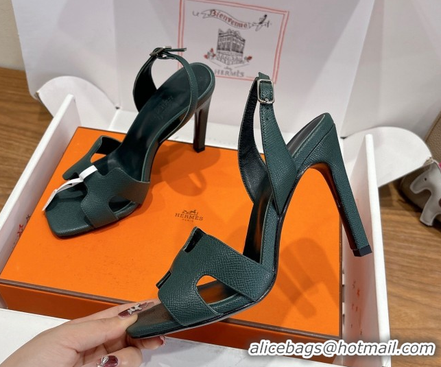 Top Design Hermes Eremite Heel Sandals 10cm in Grained Leather Dark Green H02275 1023160