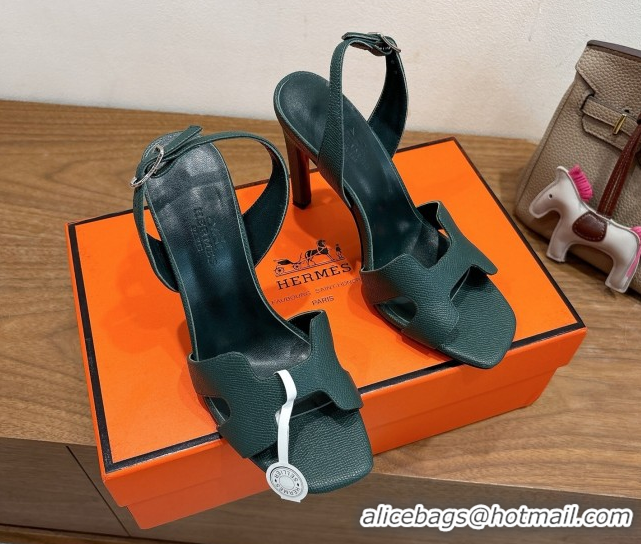 Top Design Hermes Eremite Heel Sandals 10cm in Grained Leather Dark Green H02275 1023160