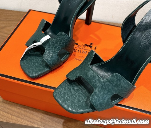 Top Design Hermes Eremite Heel Sandals 10cm in Grained Leather Dark Green H02275 1023160