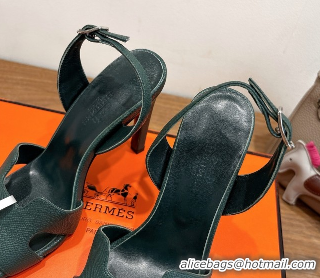 Top Design Hermes Eremite Heel Sandals 10cm in Grained Leather Dark Green H02275 1023160