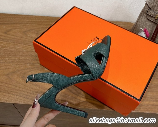 Top Design Hermes Eremite Heel Sandals 10cm in Grained Leather Dark Green H02275 1023160