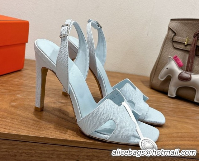 Cheap Price Hermes Eremite Heel Sandals 10cm in Grained Leather Light Blue H02275 1023161