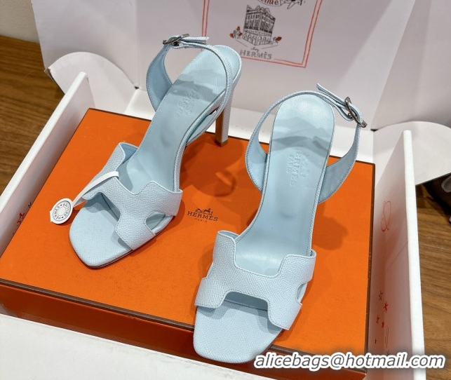 Cheap Price Hermes Eremite Heel Sandals 10cm in Grained Leather Light Blue H02275 1023161