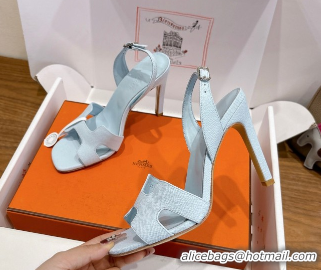 Cheap Price Hermes Eremite Heel Sandals 10cm in Grained Leather Light Blue H02275 1023161