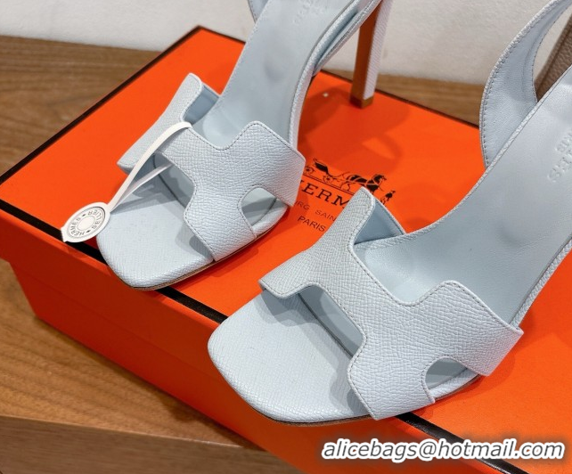 Cheap Price Hermes Eremite Heel Sandals 10cm in Grained Leather Light Blue H02275 1023161