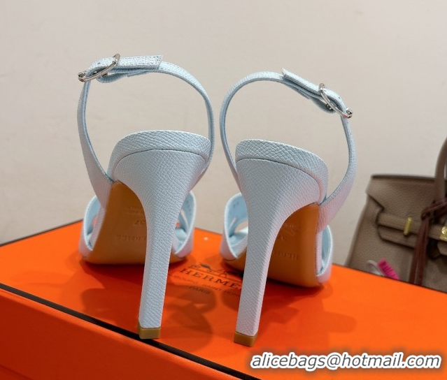 Cheap Price Hermes Eremite Heel Sandals 10cm in Grained Leather Light Blue H02275 1023161