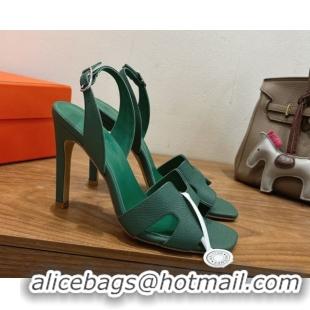 Good Product Hermes Eremite Heel Sandals 10cm in Grained Leather Green2 H02275 1023162