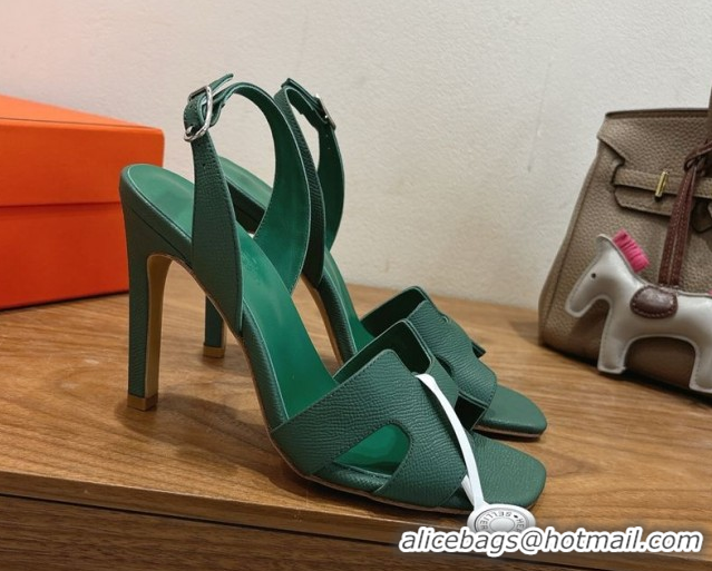 Good Product Hermes Eremite Heel Sandals 10cm in Grained Leather Green2 H02275 1023162