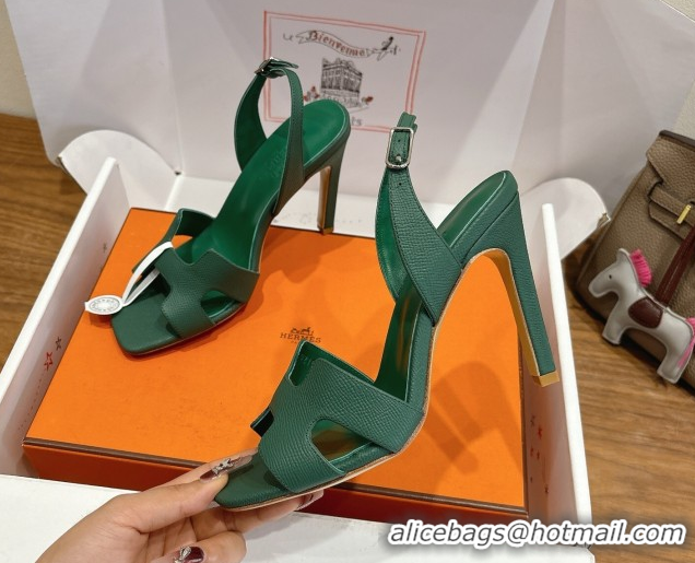 Good Product Hermes Eremite Heel Sandals 10cm in Grained Leather Green2 H02275 1023162