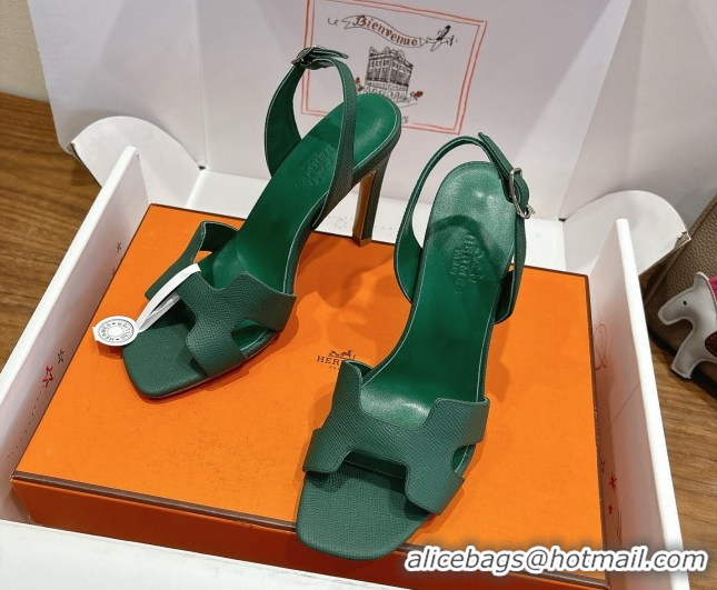 Good Product Hermes Eremite Heel Sandals 10cm in Grained Leather Green2 H02275 1023162