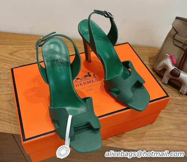 Good Product Hermes Eremite Heel Sandals 10cm in Grained Leather Green2 H02275 1023162