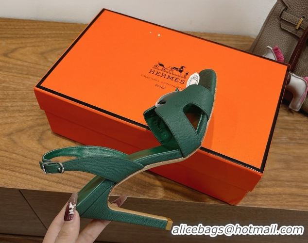 Good Product Hermes Eremite Heel Sandals 10cm in Grained Leather Green2 H02275 1023162