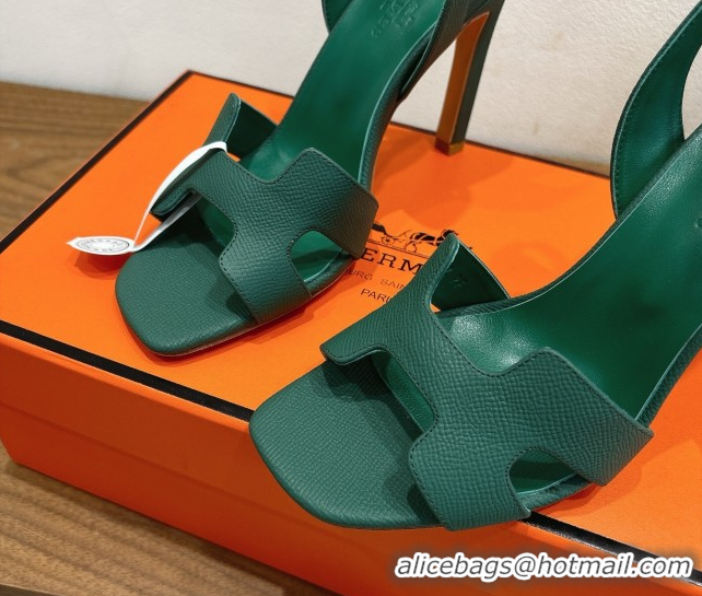 Good Product Hermes Eremite Heel Sandals 10cm in Grained Leather Green2 H02275 1023162