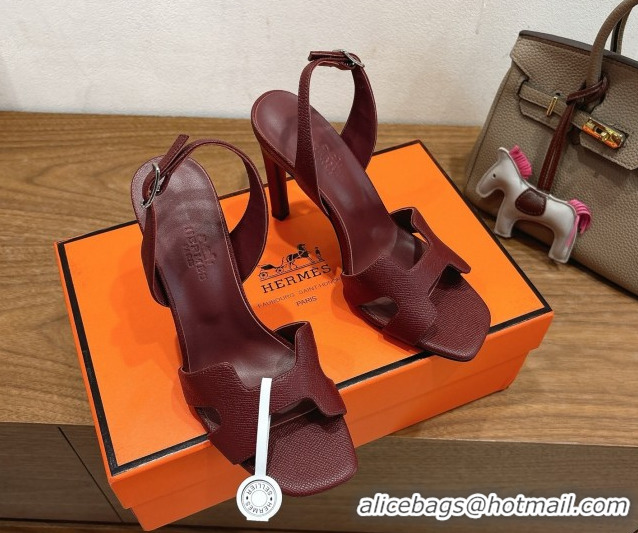 Best Product Hermes Eremite Heel Sandals 10cm in Grained Leather Dark Burgundy H02275 1023163