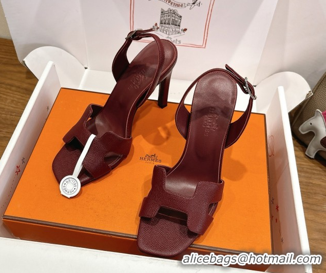 Best Product Hermes Eremite Heel Sandals 10cm in Grained Leather Dark Burgundy H02275 1023163