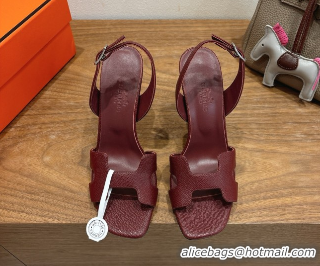 Best Product Hermes Eremite Heel Sandals 10cm in Grained Leather Dark Burgundy H02275 1023163