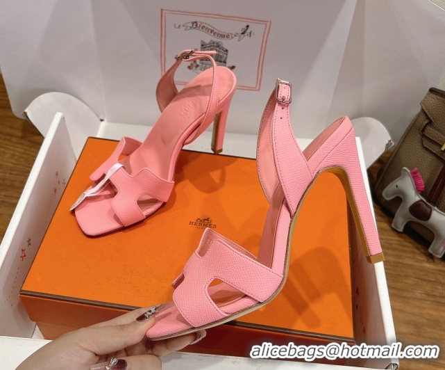 Good Quality Hermes Eremite Heel Sandals 10cm in Grained Leather Light Pink H02275 1023164