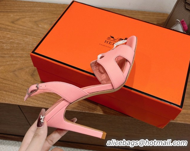 Good Quality Hermes Eremite Heel Sandals 10cm in Grained Leather Light Pink H02275 1023164