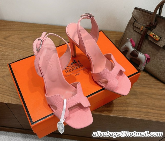 Good Quality Hermes Eremite Heel Sandals 10cm in Grained Leather Light Pink H02275 1023164