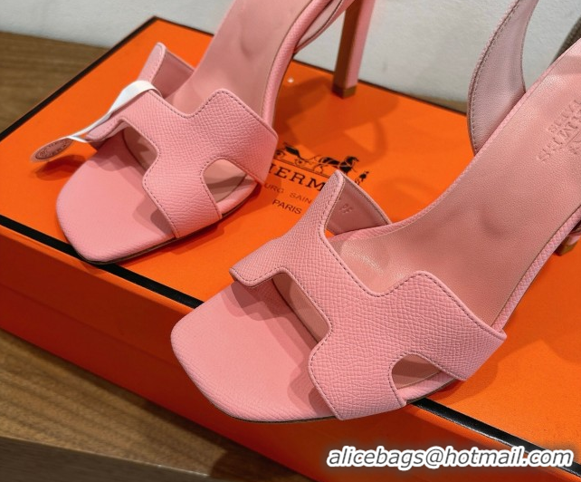 Good Quality Hermes Eremite Heel Sandals 10cm in Grained Leather Light Pink H02275 1023164