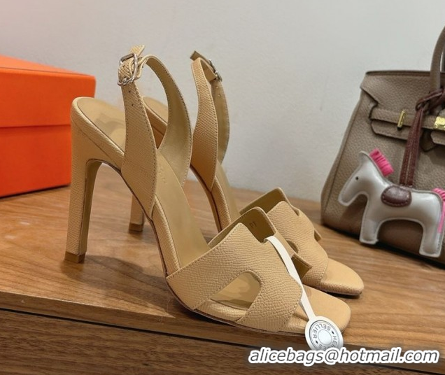 Shop Duplicate Hermes Eremite Heel Sandals 10cm in Grained Leather Apricot H02275 1023165