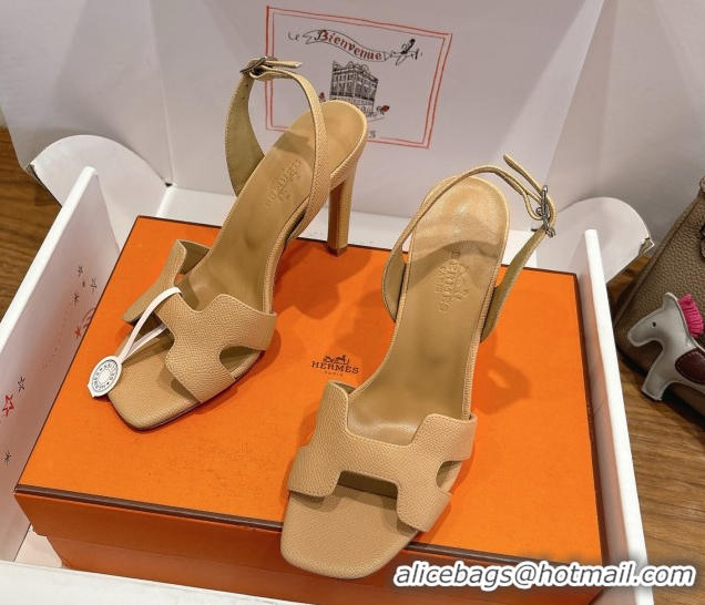 Shop Duplicate Hermes Eremite Heel Sandals 10cm in Grained Leather Apricot H02275 1023165