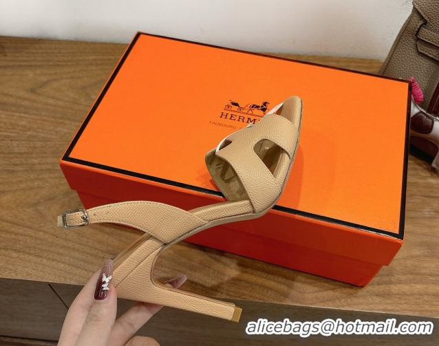 Shop Duplicate Hermes Eremite Heel Sandals 10cm in Grained Leather Apricot H02275 1023165